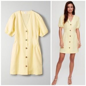 Wilfred Caprice Dress 100% Linen Yellow Front Button Down Spring Summer Large